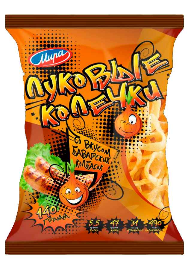 Снеки пшенично-картофельные «Колечки луковые» со вкусом баварских колбасок